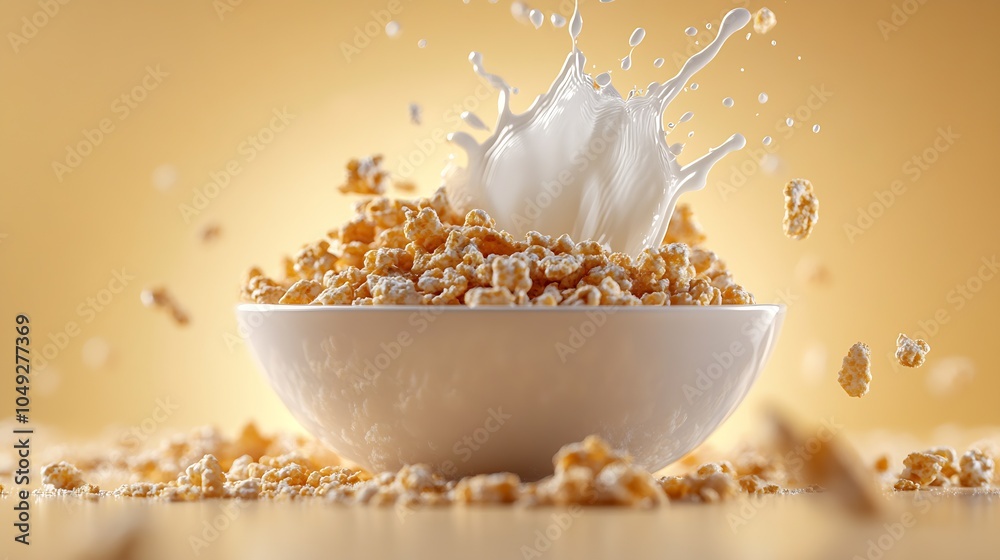 Poster Dynamic Splash of Milk in Bowl of Popcorn Against Shimmering Golden Background : Generative AI