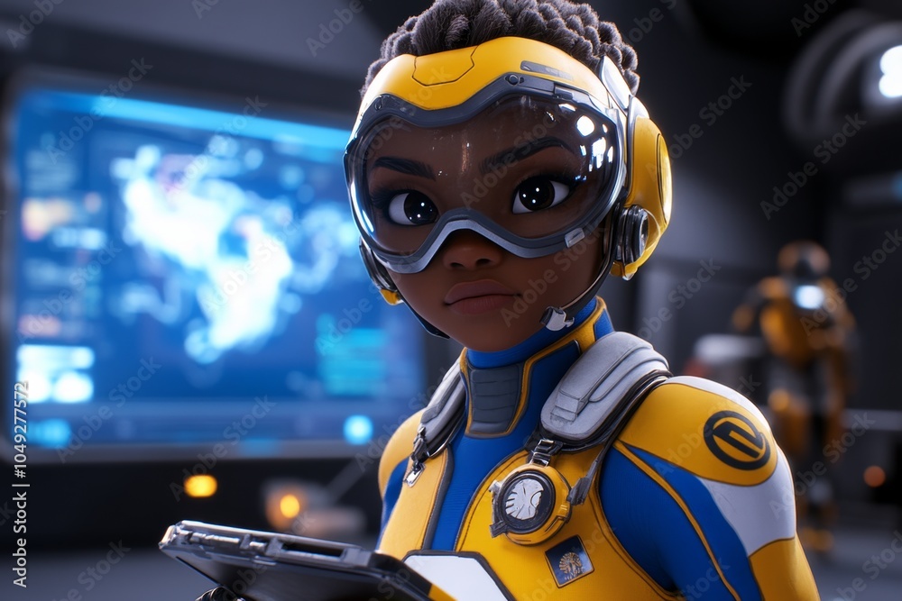 Poster a 3d-illustrated character taking notes on a digital pad during a futuristic space mission briefing,