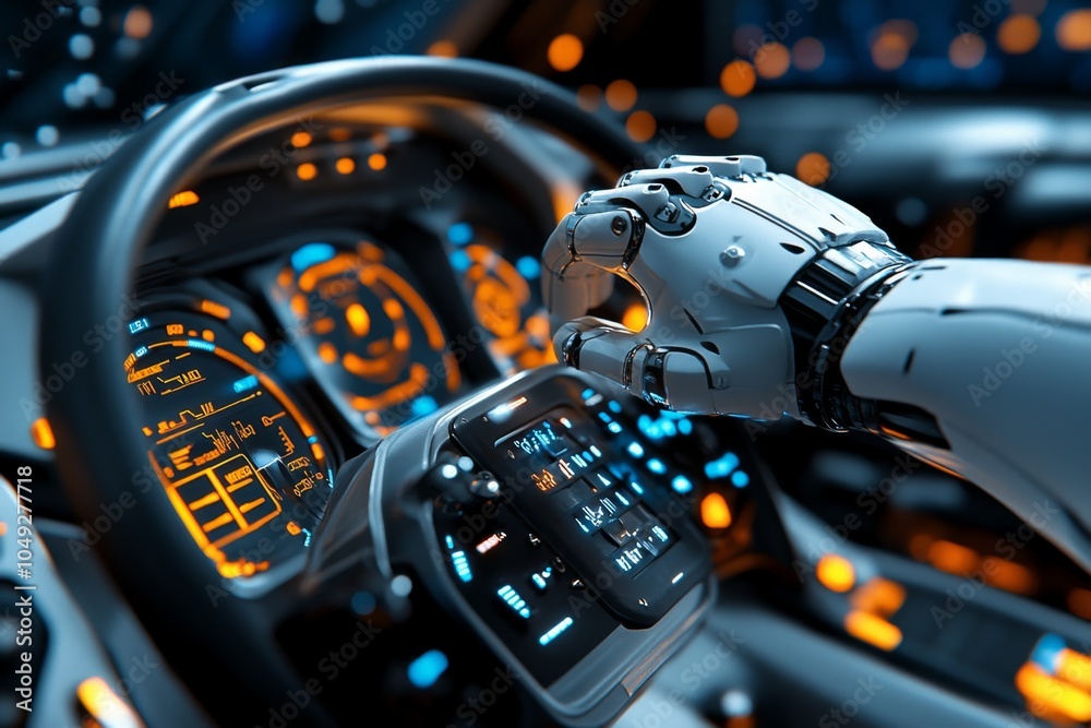 Poster a 3d-illustrated futuristic robot taking over a control center, with complex machinery and glowing i