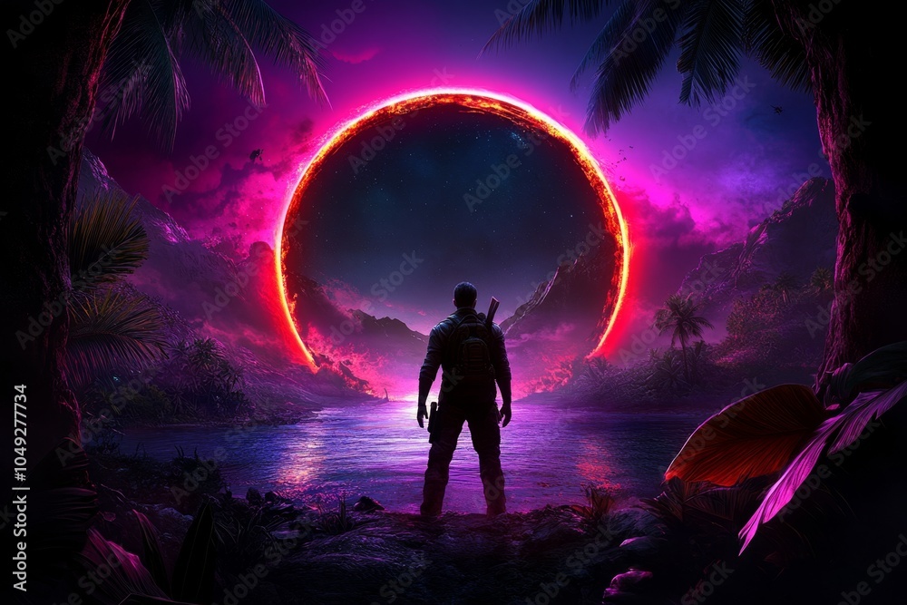 Poster a 3d-illustrated image of a gamer taking over a virtual world, with their avatar standing in front o