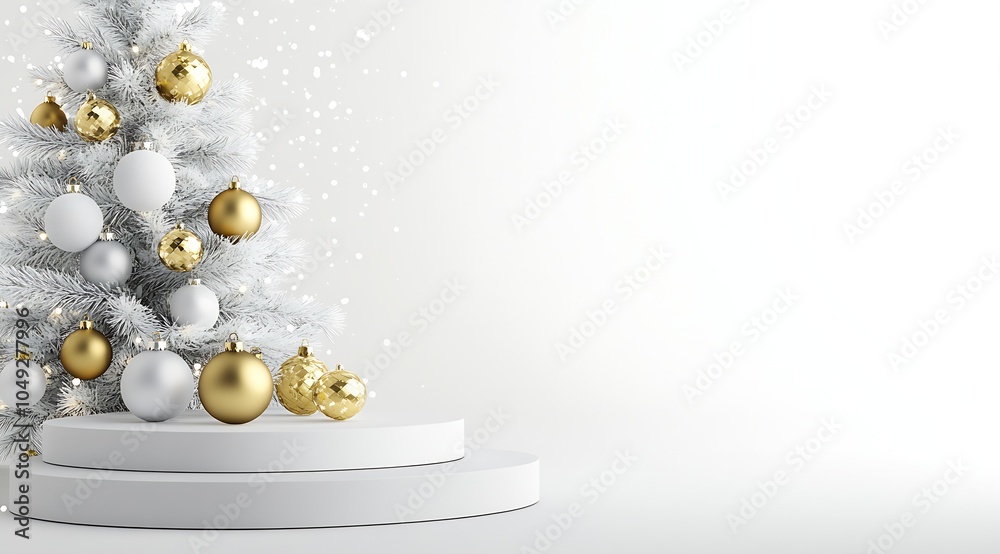 Poster Elegant White and Gold Christmas Tree Decor on Minimalist Background with Snowflakes : Generative AI