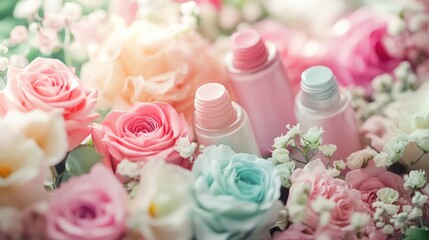 Three pastel-colored cosmetic bottles nestled amongst pink, white, and blue roses with a soft, blurred background.