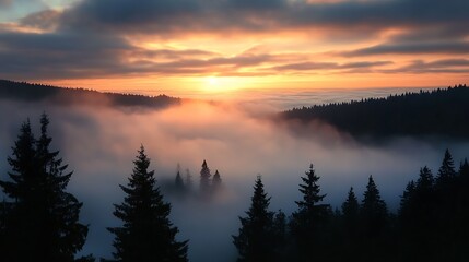 Obraz premium Breathtaking Sunset with Pine Forest and Foggy Horizon Aerial View : Generative AI