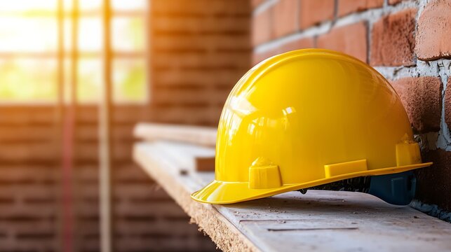 Bright Yellow Hard Hat Resting on Construction Site Wooden Beam at Sunset : Generative AI