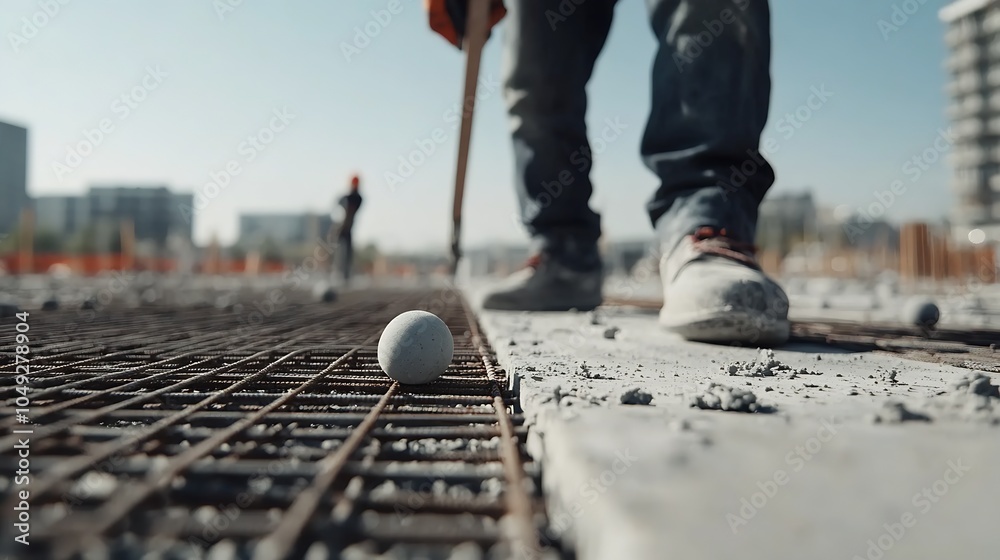 Poster construction worker leveling concrete foundation at modern urban building site : generative ai