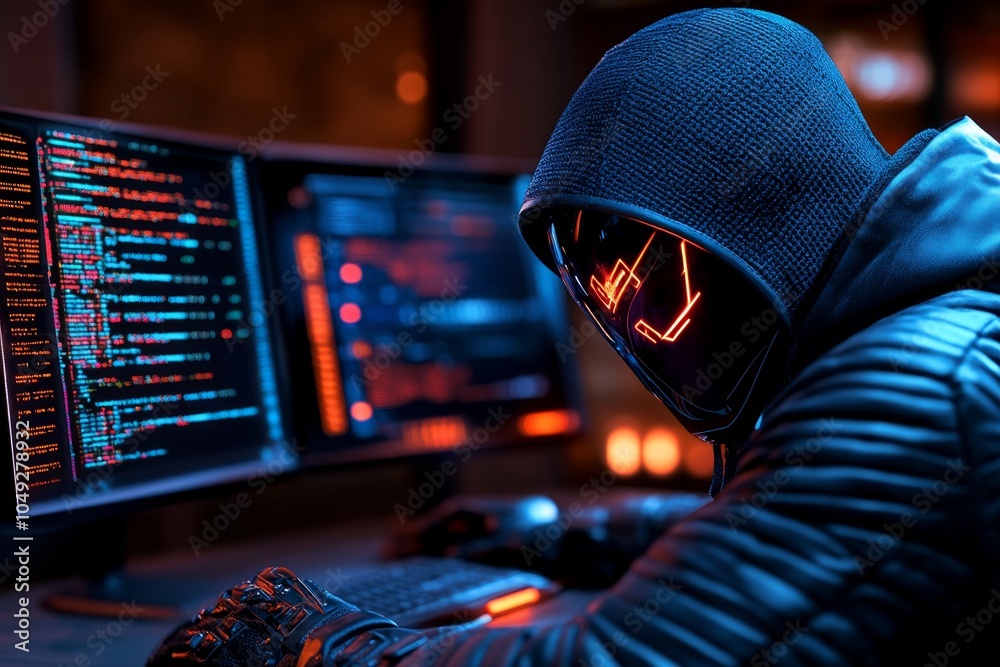 Poster A cyberpunk character taking up hacking, sitting in a neon-lit room with holographic screens filled with code surrounding them