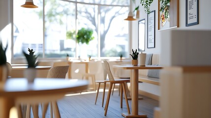 Obraz premium Cozy bright cafe interior with wooden furniture and natural light ambiance : Generative AI