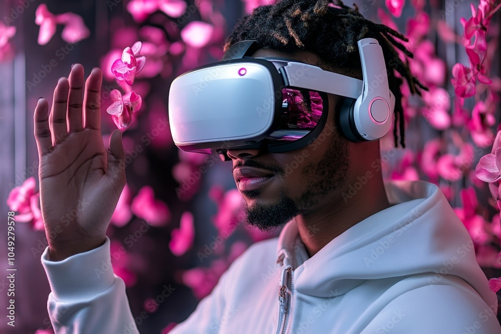 Aufkleber A digital 3D image of a person taking up virtual reality gaming, immersed in a colorful, interactive world with vibrant visuals