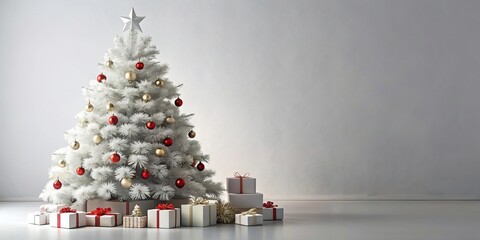 Realistic rendering of white pine with decorated Christmas tree and gifts against a low angle view
