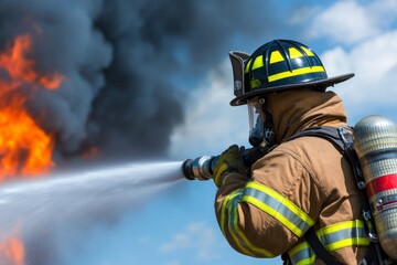 A firefighter taking control of a hose, battling flames in a dramatic rescue scene with smoke filling the air