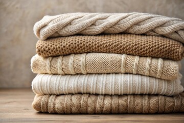 Neatly folded beige brown white knitted sweater stack