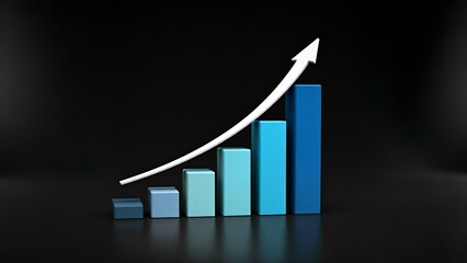 business graph with arrow, Ascending blue bar graph with white arrow indicating growth against a dark background.