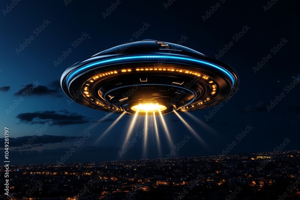 Poster A high-tech spaceship taking over a distant planetâ€™s skies, hovering above a futuristic city with powerful beams of light projecting from it