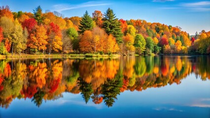 peaceful lakeside scene with fall foliage reflected in calm water