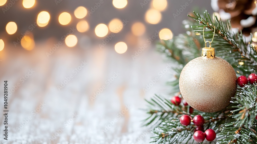 Poster golden christmas ornament on pine branch with snow and warm bokeh glow : generative ai
