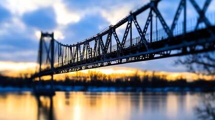 Dramatic Suspension Bridge over River at Sunset with Reflections and Clouds : Generative AI