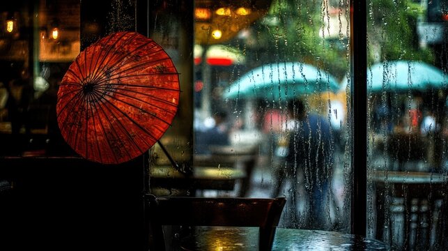 A red paper umbrella sits on a table in a cafe, viewed through a rain-streaked window. People walk by with umbrellas outside.