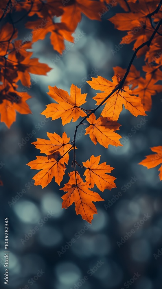 Poster bright orange maple leaves artistic autumn scene with soft focus background : generative ai