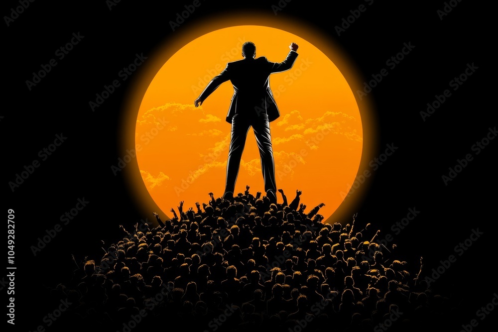 Poster A minimalist depiction of a person standing in front of a crowd, symbolizing someone taking over leadership with simple lines and shapes