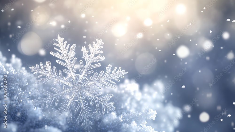 Aufkleber Pristine Frosted Snowflake in Nature with Enchanting Light and Blurred Snowy Background : Generative AI