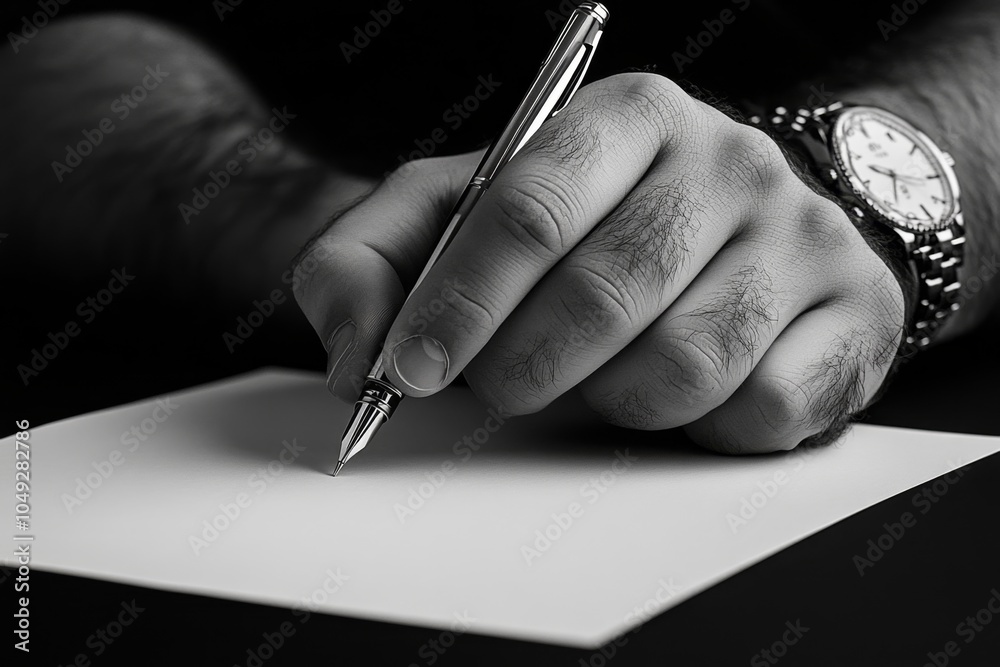 Poster a minimalist design of a hand holding a pen, poised to take notes on a blank sheet of paper