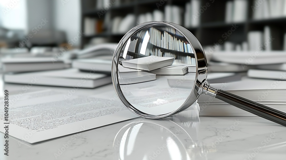 Poster Magnifying glass focusing on open book symbolizing research and learning in a library : Generative AI