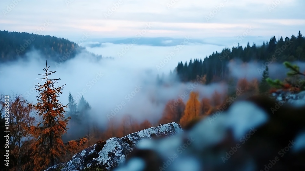 Poster misty autumn forest view with fog rolling over scenic landscape : generative ai