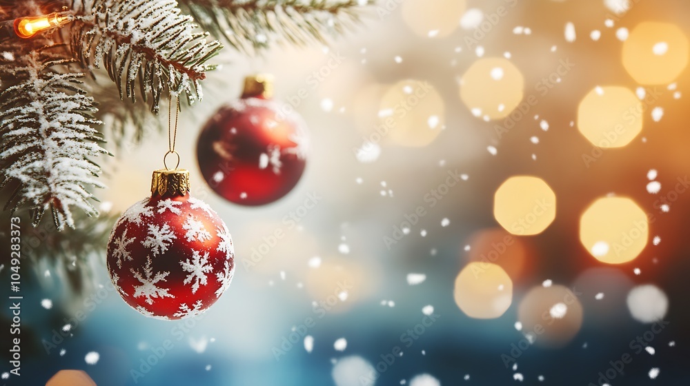 Aufkleber festive christmas tree with red ornament and snowy bokeh background : generative ai
