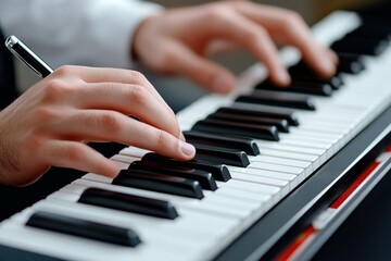Fototapeta premium A music student taking notes during a piano lesson, scribbling down tips while the teacher demonstrates a technique