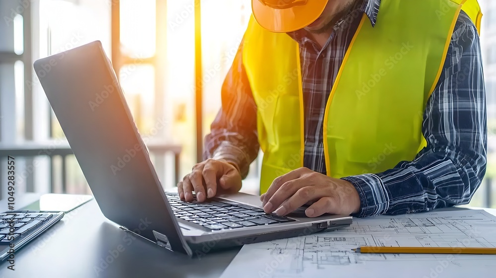 Poster Construction Engineer Working on Laptop with Blueprints in Modern Office : Generative AI