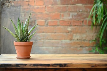 Aloe Vera in Terracotta Pot Against Vintage Brick Wall Background : Generative AI