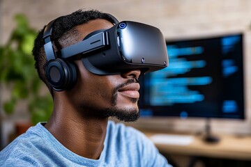A person taking up coding in a futuristic workspace, surrounded by holographic screens and data streams