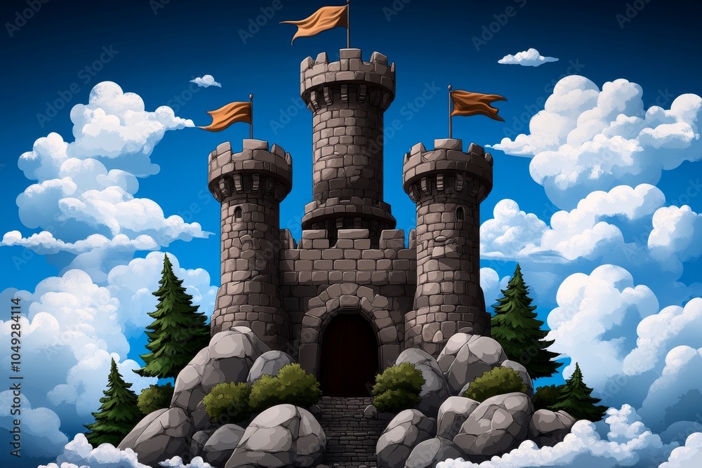 Poster A pixel art character taking over a retro video game castle, standing at the entrance with pixelated banners waving in the wind