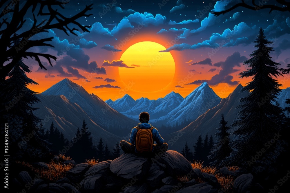 Aufkleber a pixel art character sitting on a hill, taking time to watch a pixelated sunset, with trees and mou