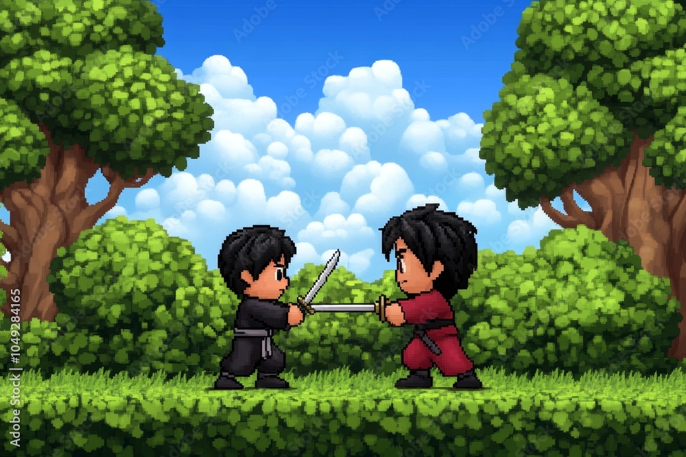 Aufkleber A pixel art character taking up sword fighting in a retro fantasy world, practicing moves with an animated instructor on a grassy field