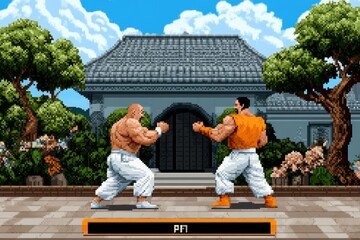 A pixel art scene of two characters taking turns in a retro-style turn-based video game battle, with health bars and attack menus visible on screen