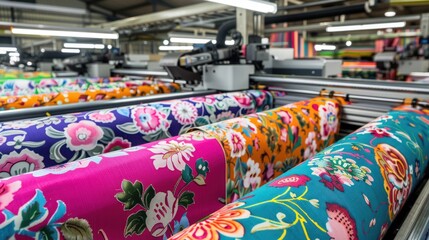 Close-up of rolls of colorful floral patterned fabric on a textile printing machine