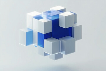 Obraz premium A blue and white logo featuring an abstract cube with rounded edges made up of smaller cubes in shades of gray, blue, and silver.