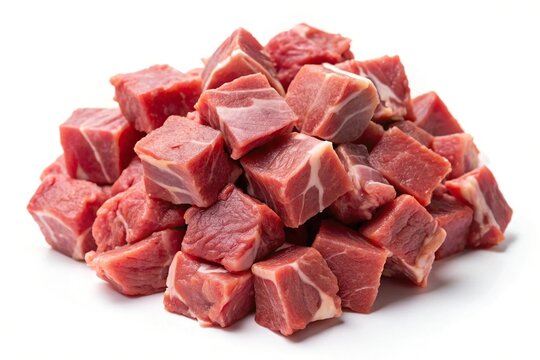 Reflected raw lamb and mutton meat chunk isolated on white background