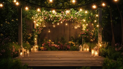 Naklejka premium A beautifully decorated outdoor space with lights and flowers, ideal for events or gatherings.