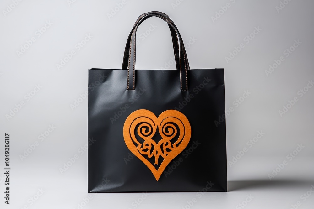 Poster a takeaway bag with a subtle heart icon on it, evoking care and warmth, set against a plain backgrou
