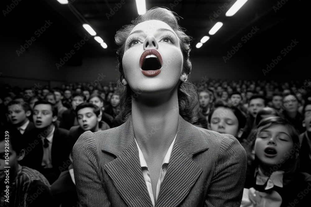 Poster A teacher taking control of a noisy classroom, with students looking up attentively as she commands respect