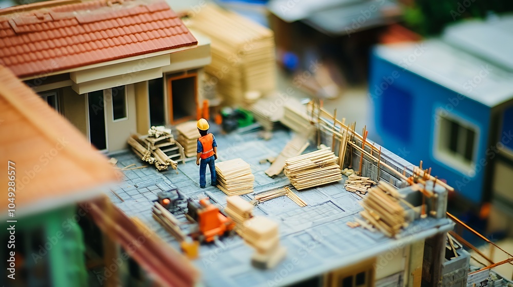 Poster construction worker on roof overseeing residential building site progress and development : generati