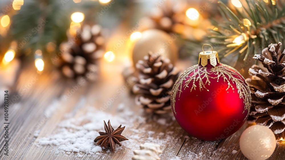 Poster rustic christmas arrangement with red ornaments and pinecones on wood : generative ai