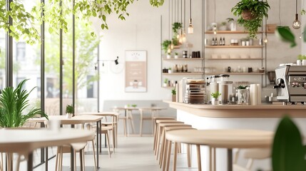 Modern Cozy Cafe with Natural Light and Elegant Interior Design Featuring Wooden Furniture and Greenery : Generative AI