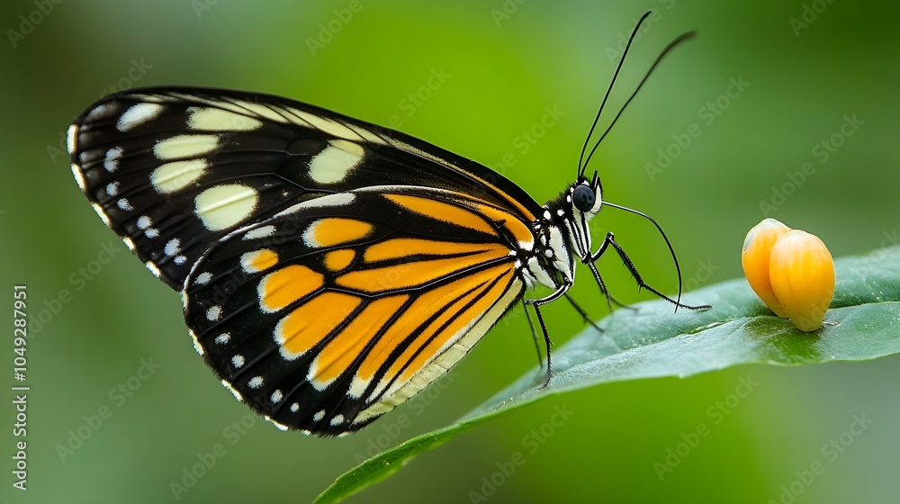 Poster close up of monarch butterfly perched on a leaf with blurred green background : generative ai