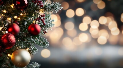 Obraz premium Christmas Tree Decor with Sparkling Red and Gold Ornaments in Soft Festive Glow : Generative AI