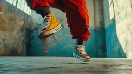 Fototapeta premium Close-up of a dancer's feet in yellow and blue sneakers, mid-step, in an abandoned warehouse.