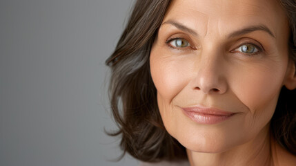 Fototapeta premium A closeup portrait of a middleaged woman showcasing her dark brown hair regrown gray roots.
