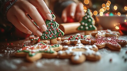 Christmas Cookie Artistry with Tree Shaped Cookies and Icing Sprinkles During Festive Season : Generative AI